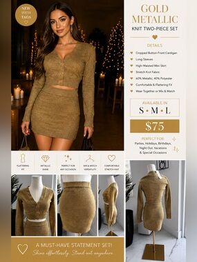 Gold Metallic Knit Two-Piece Skirt Set — Gold